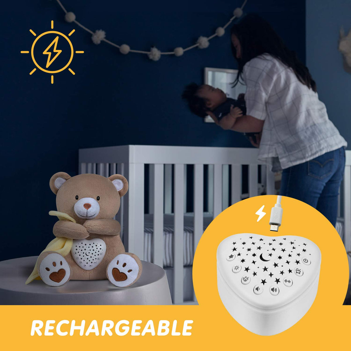 BEREST A13 White Noise Machine & Baby Sleep Soother with 15 Soothing Sounds & Projector Night Light Music Box, Cry Sensor, Rechargeable, Portable for Newborns, Toddlers, Attaches to Crib
