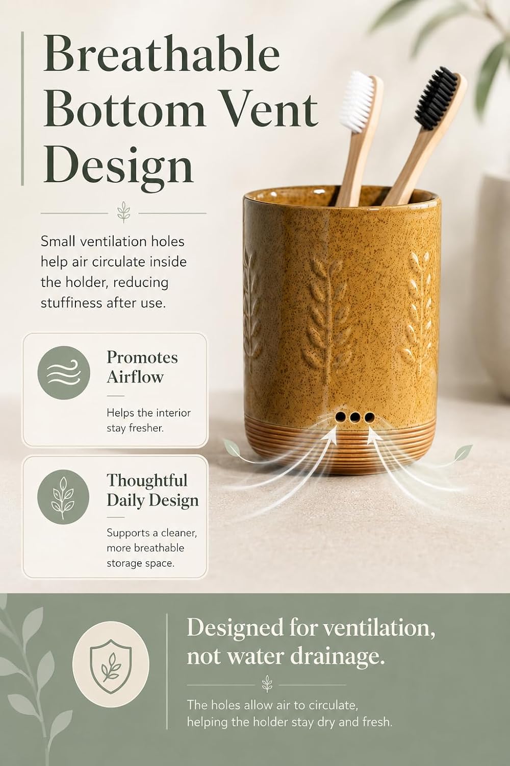 LYEOBOH Ceramic Toothbrush Cup, Cute Toothbrush Holder with Drainage White | Farmhouse Toothbrush Container, Countertop Toothbrush Organizer, Toothbrush Storage for Bathroom Vanity & Countertop