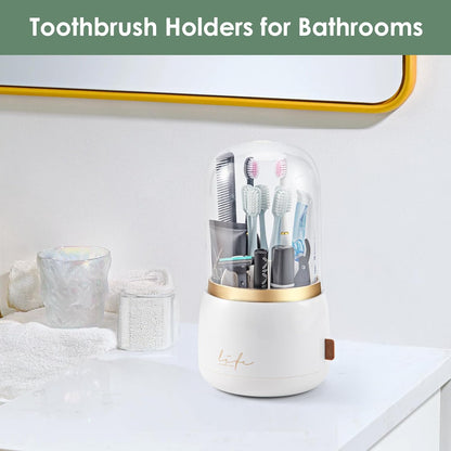 Toothbrush Holders, Toothbrush Holders for Bathrooms, Makeup Brush Holder | Toothbrush and Toothpaste Holder, Rotatable Toothbrush Holder with Transparent Dust Cover, Multi Drainage Vent Holes