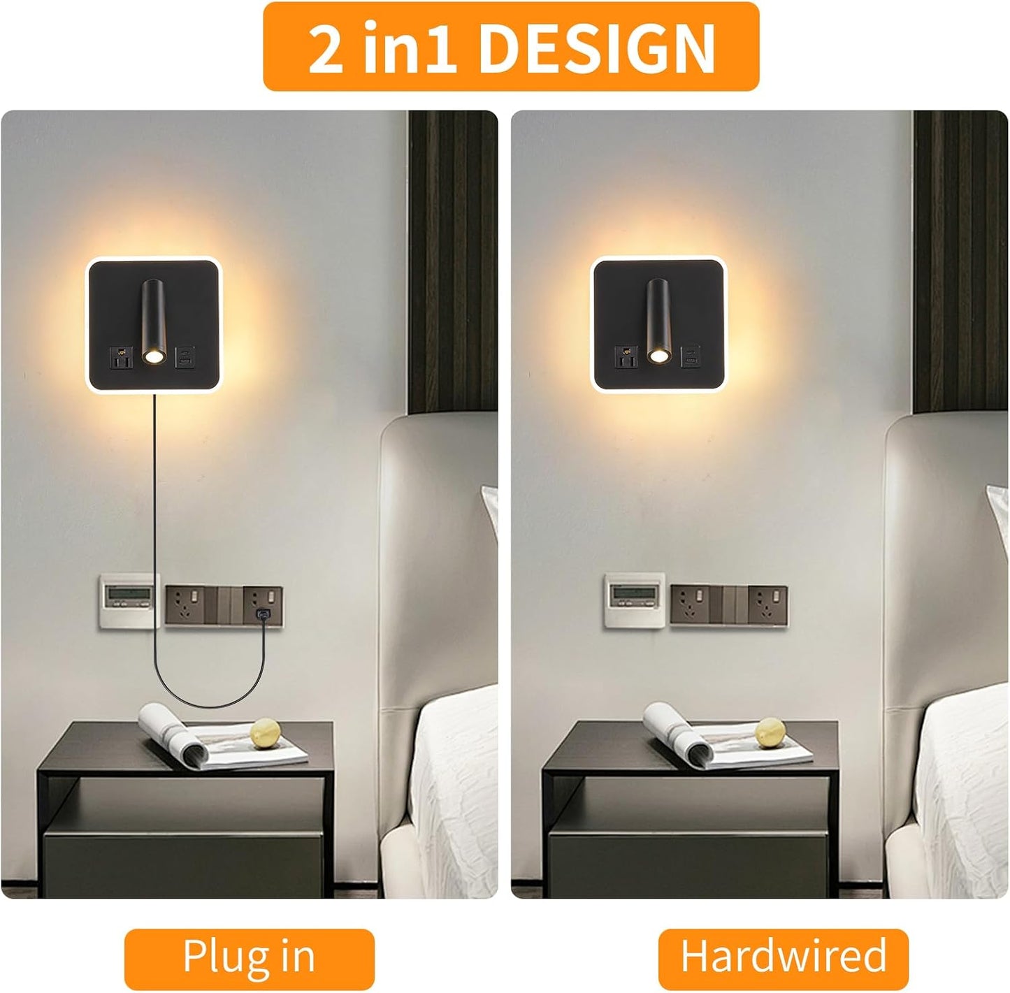 LED Headboard Reading Lamp, Dimmable Wall Sconce with USB-A/USB-C, White | Separate reading and ambient backlight controls, memory dimmer, adjustable angles, plug-in/hardwired, bedroom, bedside, hotel