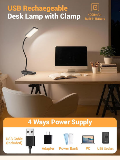 Clip on Light,45 Lighting Modes Rechargeable Desk Lamp with Clamp | 4000mAh Battery Operated Lamp,450 lm 48 LED Desk Light,Wireless & Cordless Reading Light for Bed/Bedside Table/Headboard/Dorm