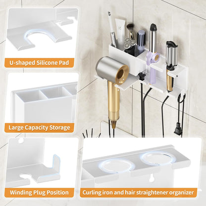 Hair Dryer Holder, Hair Tool Organizer Wall Mount, Adhesive or Drill, White | Blow Dryer Holder for Dryer Hook, Straightener Curling Irons Hairdryer Hair Appliance Hanger for Salon Bathroom Wall Storage