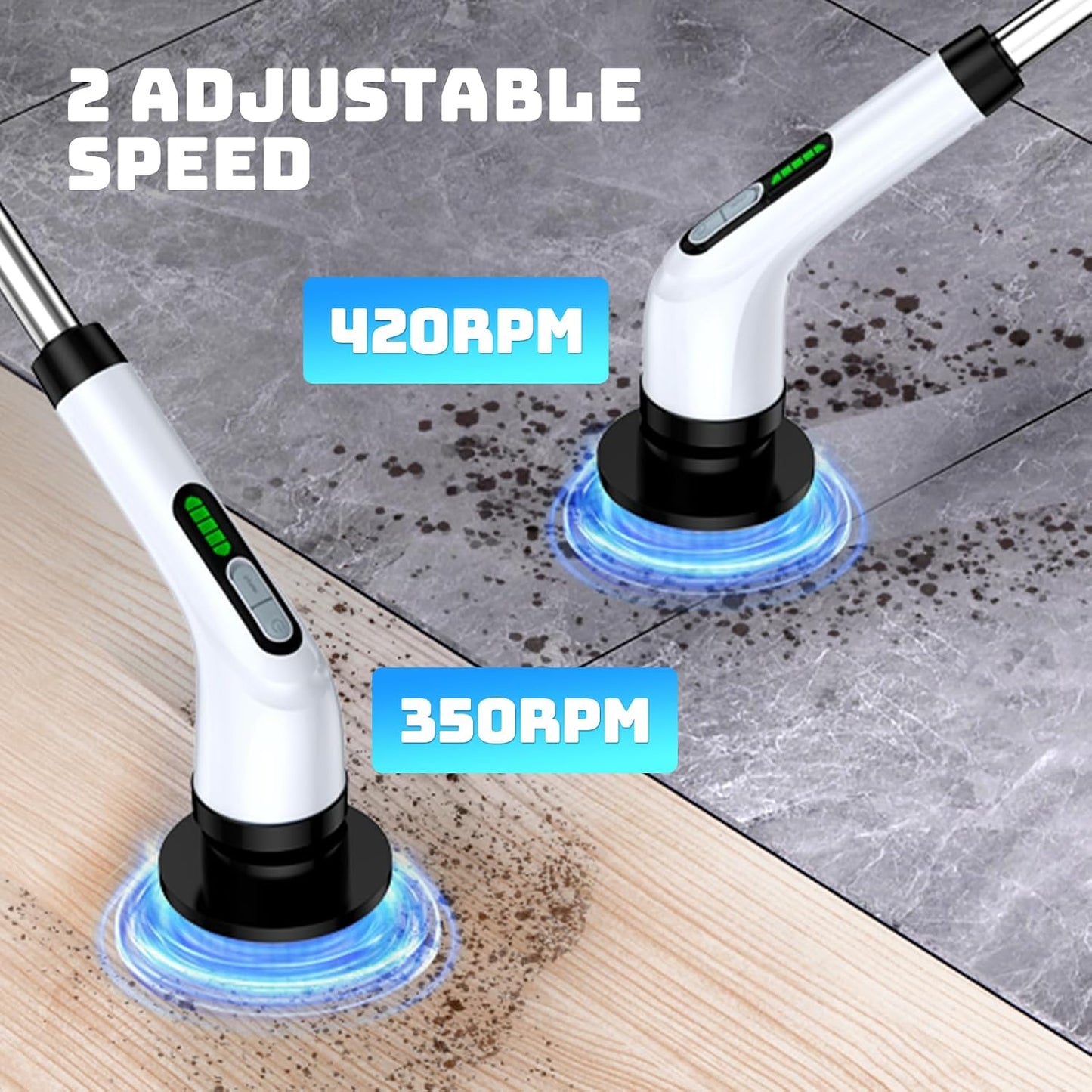 Electric Spin Scrubber, 2-Speed Cleaning Brush, Extendable Handle (White) | Includes 7 reusable brush heads and an IPX7-rated design for cleaning bathrooms, showers, kitchens, tile, floors, and grout