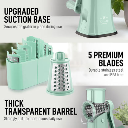 Zulay Kitchen Rotary Cheese Grater 5 Blade Cheese Shredder - Manual Hand Crank Cheese Grater With Reinforced Suction & 5 Interchangeable Drums - Easy to Use, Vegetable Chopper Round Mandoline Slicer - Colors A