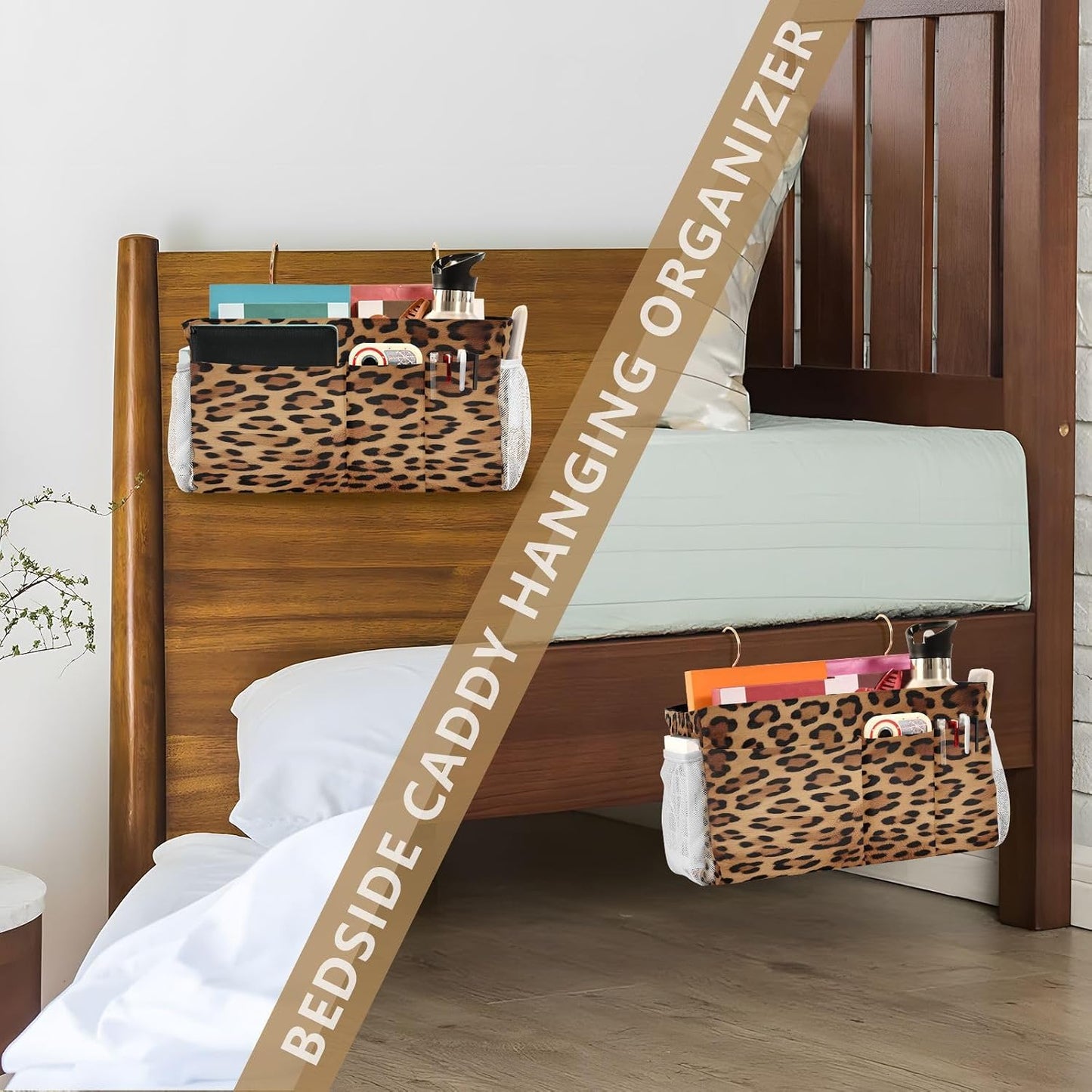 Leopard Print Bedside Caddy, Bedside Storage Organizer for Home, College, Bunk and Hospital Beds, Crib Bed Rails