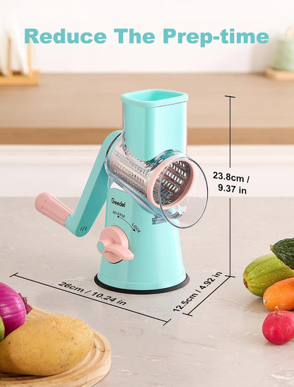 Geedel Rotary Cheese Grater, Kitchen Mandoline Vegetable Slicer with 3 Interchangeable Blades, Easy to Clean Rotary Grater Slicer for Fruit, Vegetables, Nuts | 3 Blades, 430 Stainless Steel, 12x Fast Cutting, Strong Suction Base, No BPA, Dishwasher Safe,