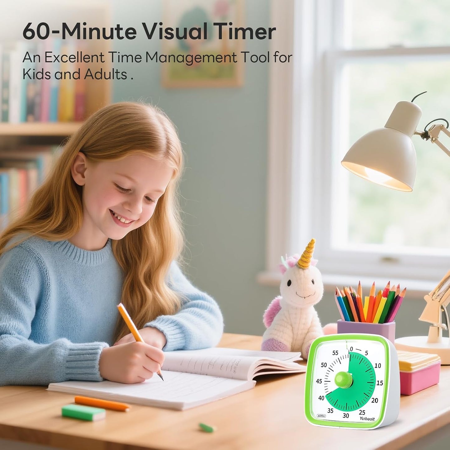Yunbaoit Visual Timer with Night Light, 60 Minute Countdown, Light Blue | 3 Alarm Modes, Mute Flash, for Kids and Adults, Time Management Tool for Classroom, Home, School, and Work