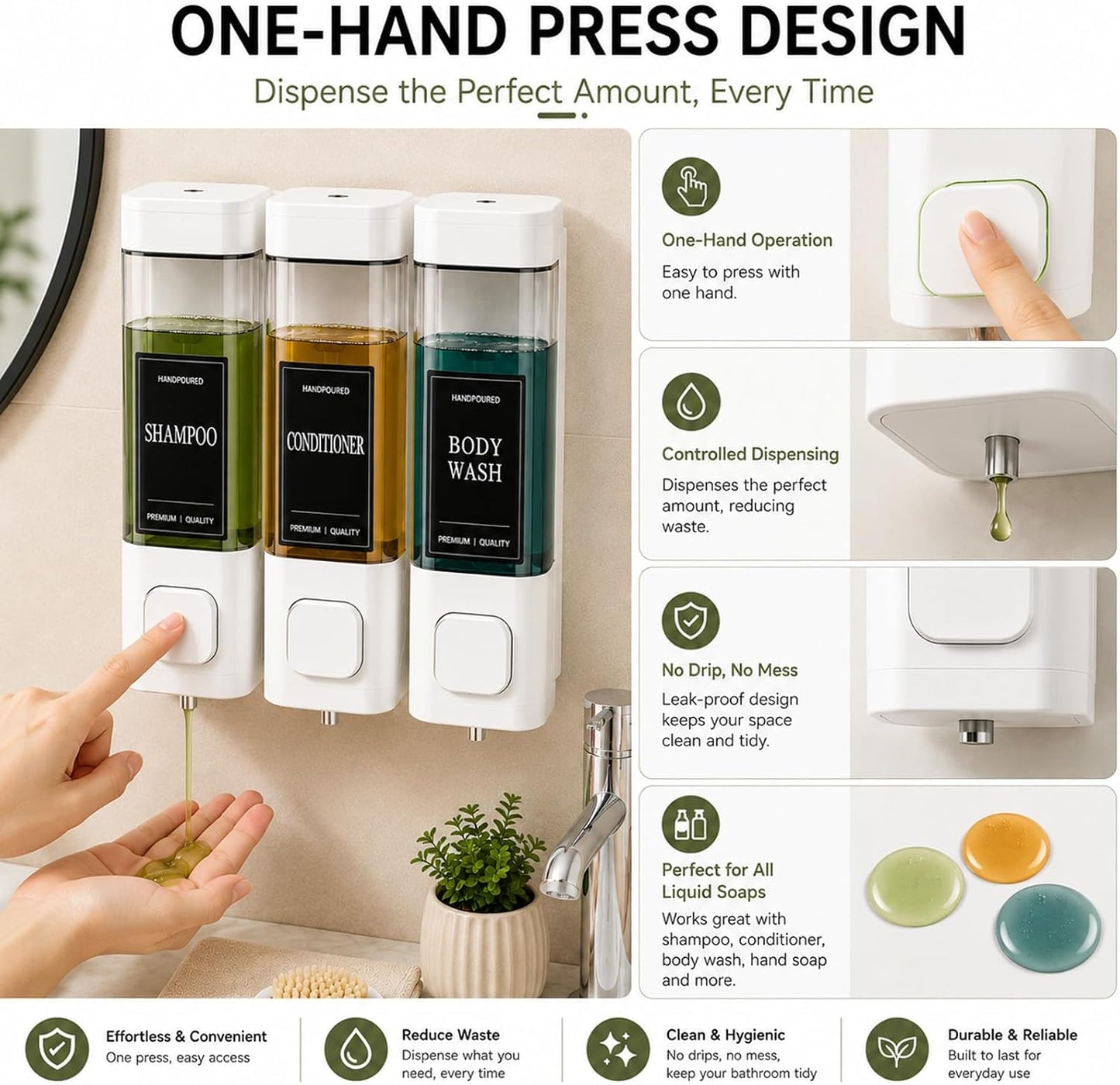 Shampoo and Conditioner Dispenser, Shower Soap Dispenser Wall Mounted, Shower Dispenser 3 Chamber No Drill for Bathroom Large Capacity (Silver)