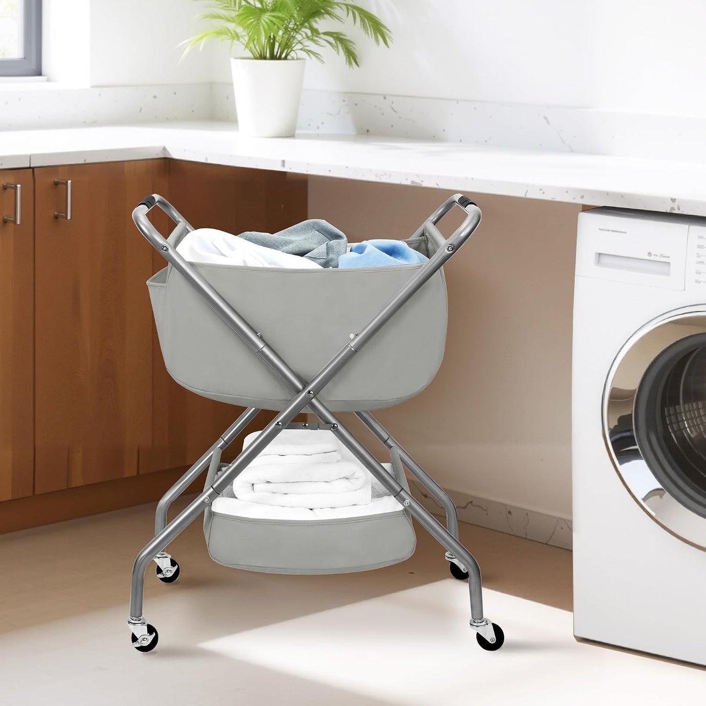 STORAGE MANIAC Collapsible Laundry Cart with Wheels 35.6"H Removable Canvas Bag Rolling Laundry Hamper Clothes Basket with Wheels, Sturdy Steel Frame Folding for Small Narrow Space Easy Storage, Beige