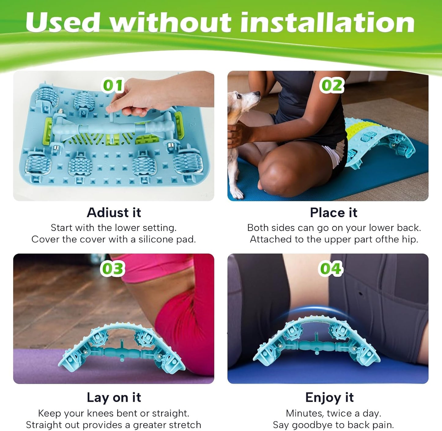 Back Stretcher for Lower Back, Pneumatic Adjustable Lumbar Support Board with 10 Magnets and 90 Massage Points, Daily Back Stretching Device for Home, Office, Yoga and Travel