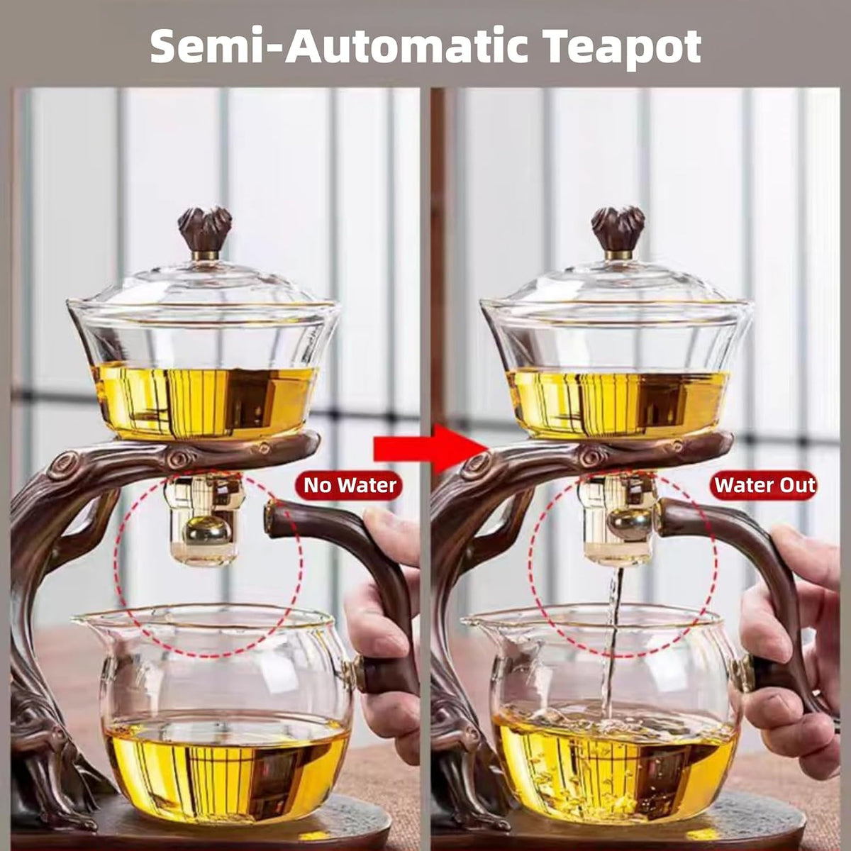 Glass Teapot with Infuser Chinese Gongfu Tea Set,6 cups,Magnetic Semi Automatic Design for Loose Leaf Tea