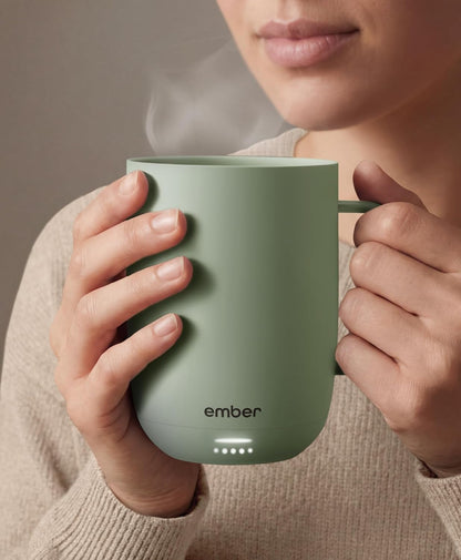 Ember Temperature Control 14oz Smart Mug 2, App-Controlled and Rechargeable Heated Coffee Cup Warmer with Intelligent LED Display, Sage Green.