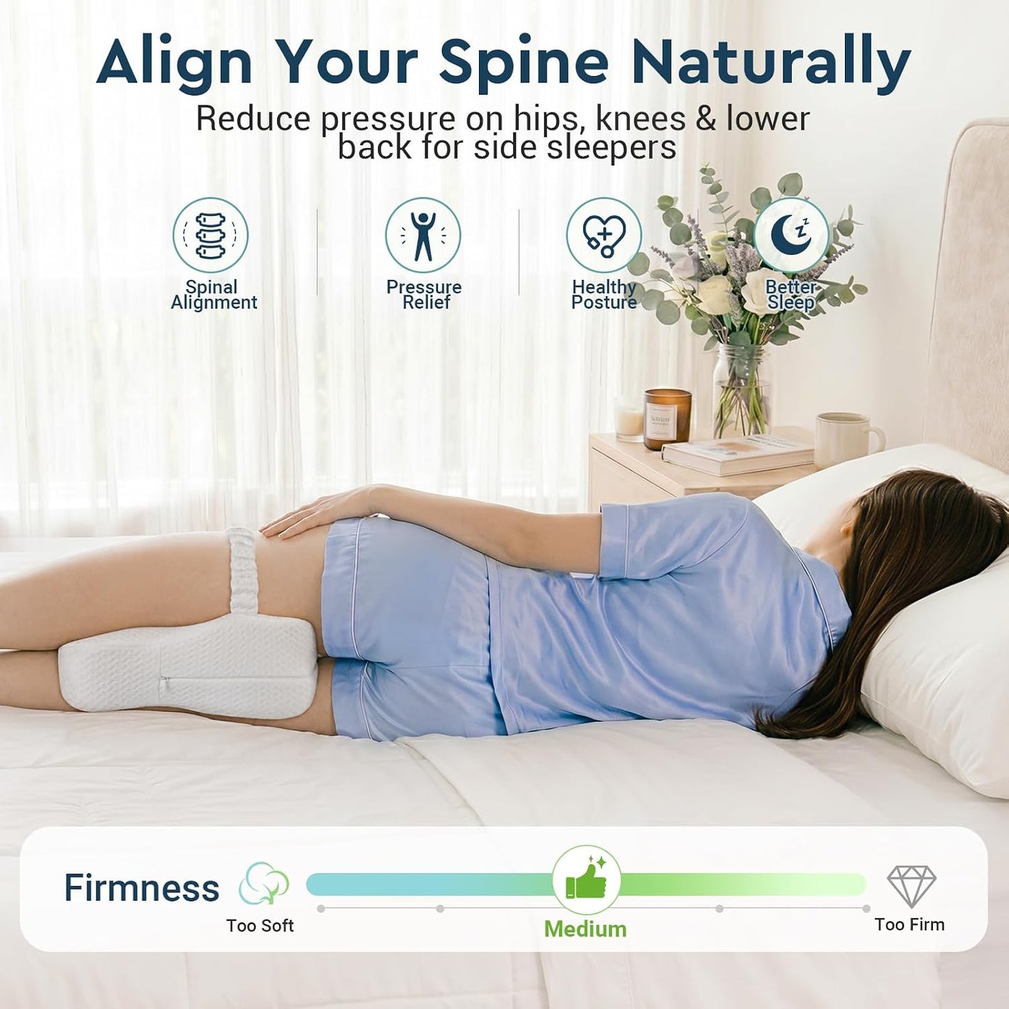 Long Knee Pillow for Side Sleepers with Strap - Large Leg Pillow for Side Sleeping with Full Thigh & Knee Support, Memory Foam Alignment Pillows for Sciatica, Hip & Knee Relief, White