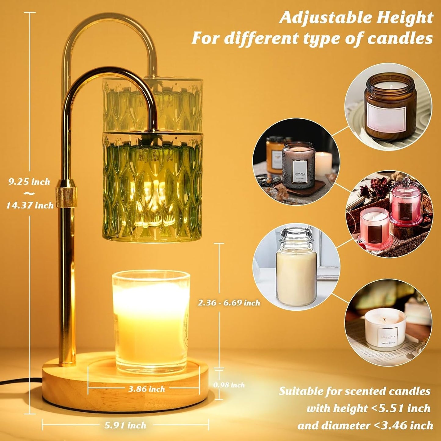 HAIDOLIANG Blue Candle Warmer Lamp with Timer and Dimmer | Height and Brightness Adjustable,Glass Electric Wax Warmer with 2 Bulbs for Women Gifts, Home Decor for Scented Jar Candles