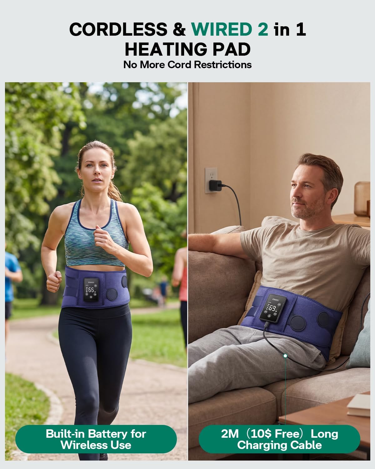 Cordless Heating Pad for Back, 2-in-1 Wired & Wireless Lower Back Massager with Heat, Rechargeable Wearable Heating Pad for Back Pain Relief Sciatica Lumbar Gifts for Father Men Women Mom