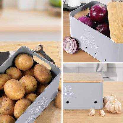 Kitchen Vegetable Storage Set of 3, Metal Onion Garlic Potato Storage Set, Kitchen Canisters Vegetable Keeper Containers with Aerating Holes and Bamboo Lid,Black