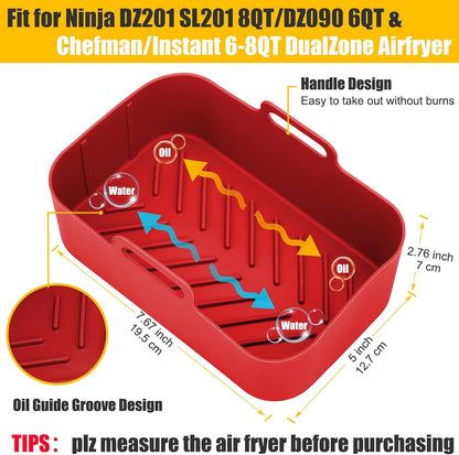 2Pcs Air Fryer Silicone Liners Rectangular for Ninja Foodi Dual DZ201 8QT | DZ090 6QT/Ninja DoubleStack SL201 8QT, MMH Reusable Airfryer Pot Baking Basket | Non-stick | Easy Cleaning | Food Safe | Gray