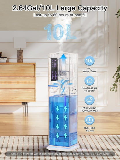 10L/2.64Gal Humidifier, Top Fill Quiet Ultrasonic Cool Mist Humidifiers for Bedroom, Covers 550ft², 60H Runtime, 24H Timer, 3 Mist Modes Humidifier Large Room, Home, Office, Plants, Black