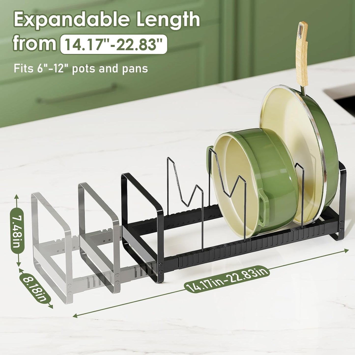 MUDEELA Expandable Pot Pan Lid Organizers inside Cabinet, 10 Divider-Black | Expandable 11.8–22.9", 10 Adjustable Divider, Tool-Free Assembly, Non-Slip, Scratch-Proof, For Pan Lid Cutting Board Bakeware