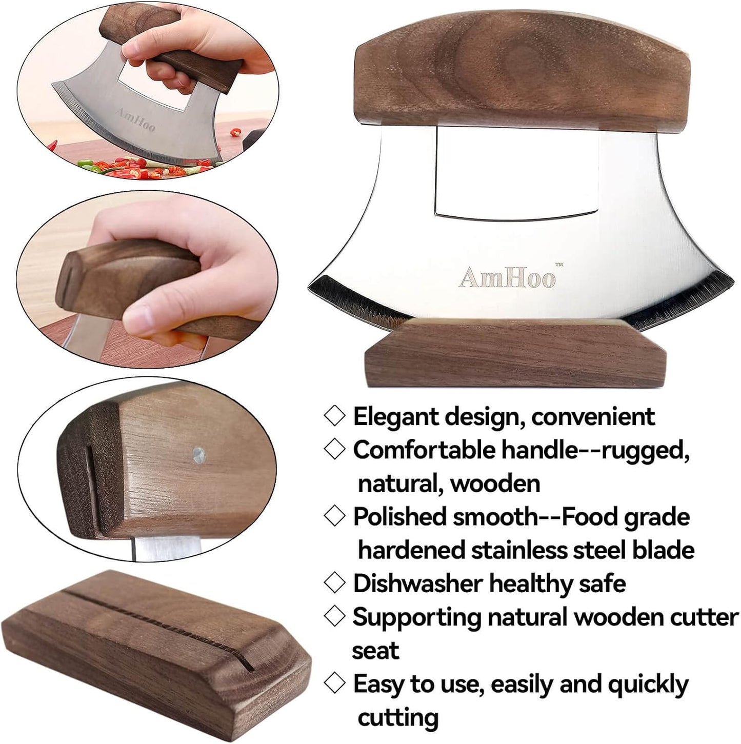 Pizza Cutter Chef Mezzaluna Ulu Knife Handle Color Wood Grip Sharp Rocker Slicer Stainless Steel Blade Salad Onion Vegetable Chopper with Holder Base Christmas Gifts