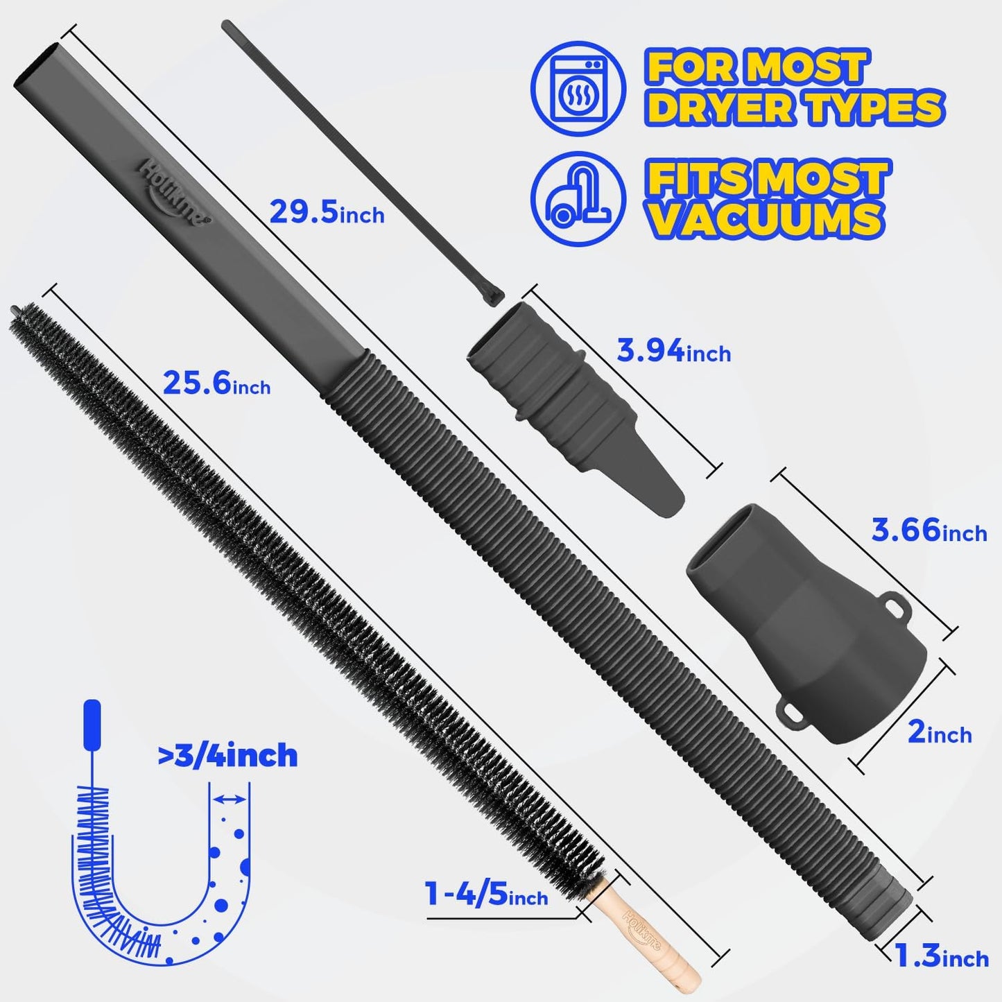 Holikme Dryer Vent Cleaner Kit, Vacuum Hose Attachment, 2-Piece, Black | Adjustable Cable Tie for Easy Attachment, Flexible Lint Brush Removes Lint from Dryer Lint Screens and Tight Spaces