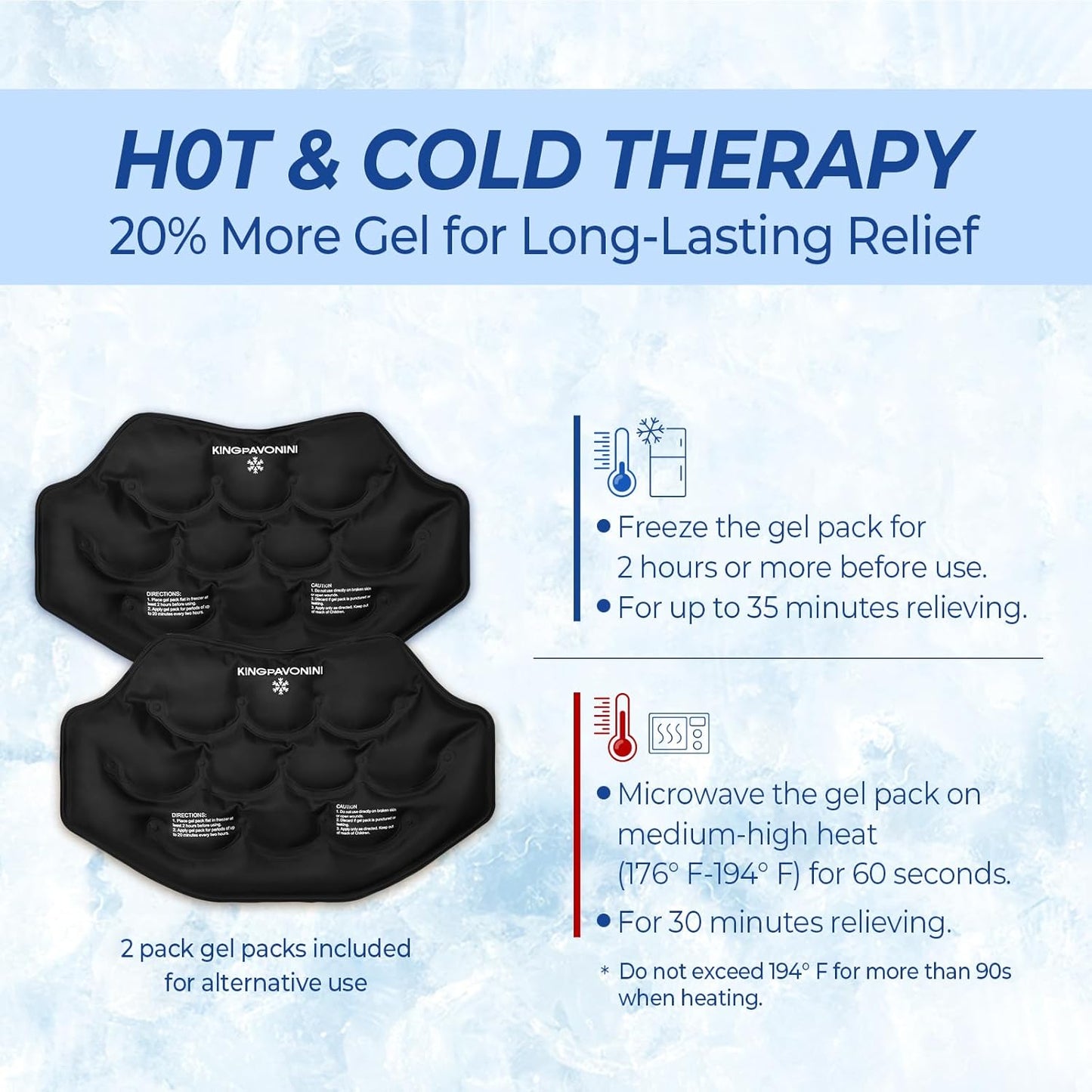 KingPavonini Extra Large Ice Pack for Back Pain Relief, 2 Gel Packs, Blue | 35-Min Long-Lasting & Instant Pain Relief, Leakproof Back Ice Pack, Extension Strap, Hot Cold Therapy, Skin-Safe Lycra Fabric