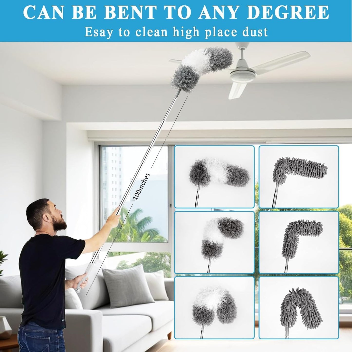 Microfiber Duster Kit 27pcs with 30 to 100 Inches Extension Pole and Wall Cleaner Mop, Washable and Bendable Feather Duster for Cleaning Ceiling Fans, High Ceilings, Cobwebs, Blinds, Grey