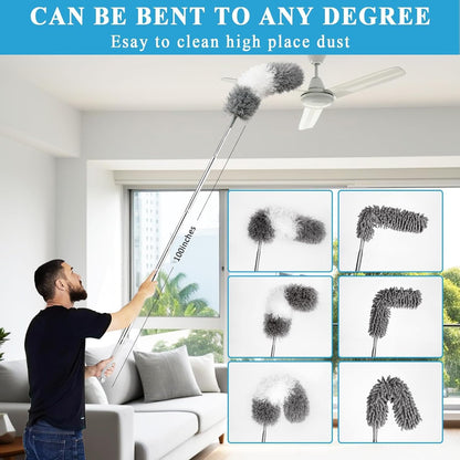 Microfiber Duster Kit 27pcs with 30 to 100 Inches Extension Pole and Wall Cleaner Mop, Washable and Bendable Feather Duster for Cleaning Ceiling Fans, High Ceilings, Cobwebs, Blinds, Grey
