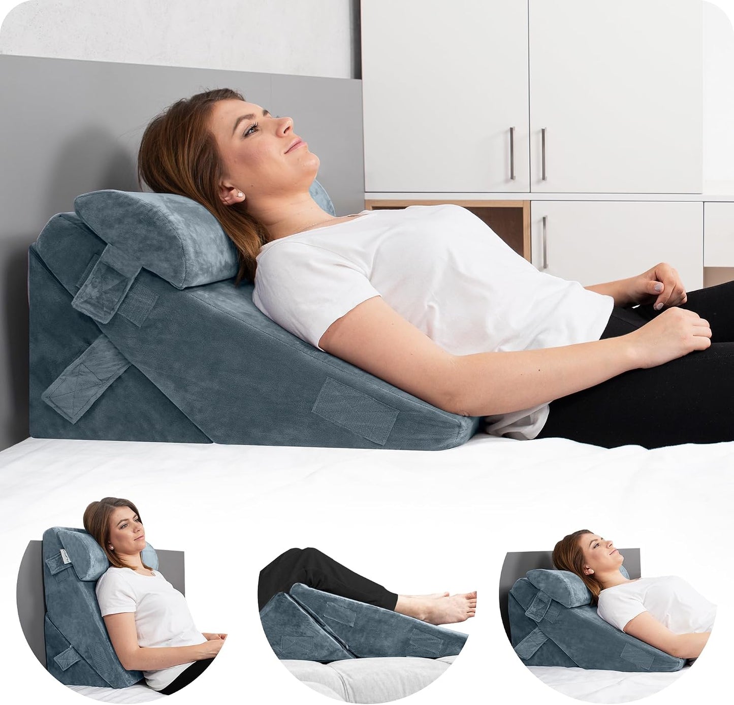 Lunix LX6 FSA 3-Piece Compact Support for Reading, Rest & Leg Elevation, Premium Odor-Free Orthopedic Bed Wedge Pillow Set, Memory Foam, Washable Cover, Pebble White
