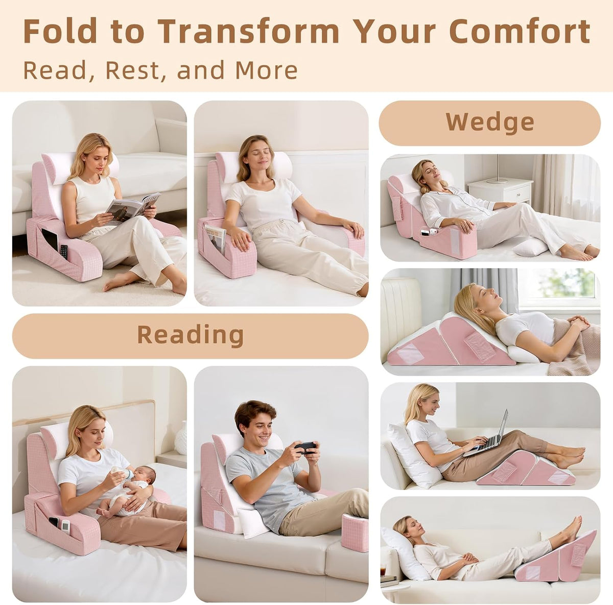 Foldable Reading Pillow for Sitting in Bed Adult, White/Grey, 19"