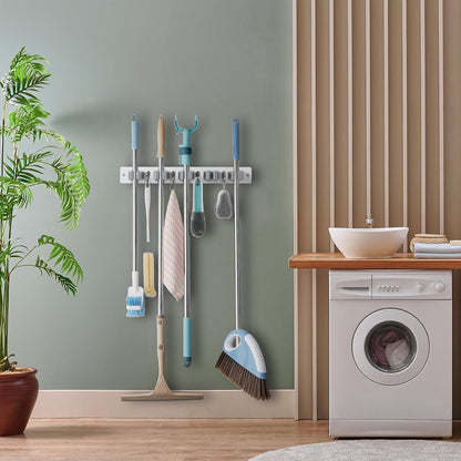 OUTNILI Mop and Broom Holder Wall Mount - Wood Broom Mop Hanger - Wall Mounted Garden Tool Rack Organizer for Closet Garage Laundry Room, Rustic Kitchen Decor With 4 Slots & 4 Hooks