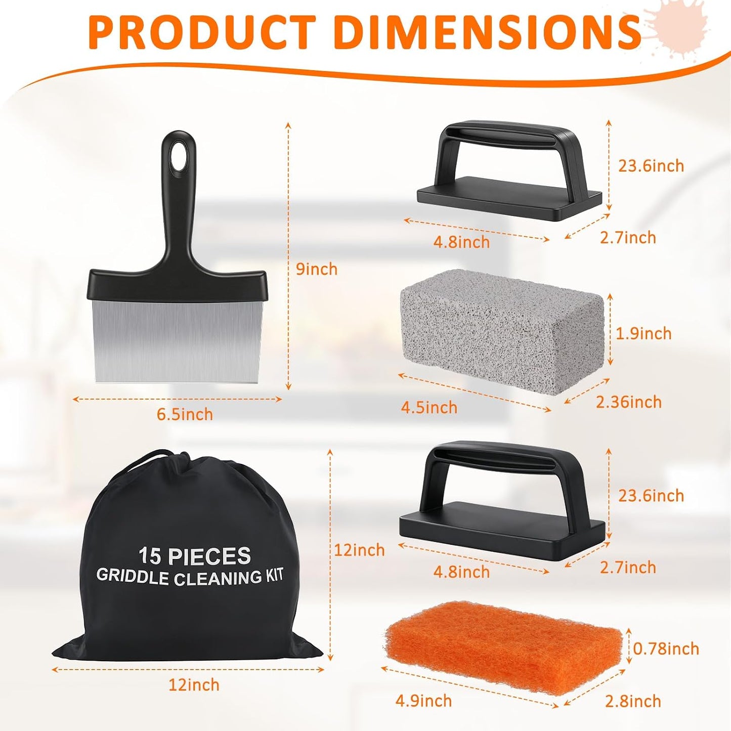 Griddle Cleaning Kit for Blackstone,15 Pieces Flat Top Grill Cleaning Kit with Grill Scraper, Griddle Bricks and Brush Easy to Remove Stain,Griddle Accessories Cleaner Tool Set with Storage Bag