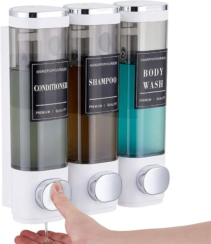 Wall Mounted Shower Soap Dispenser 3 Chamber,No Drill Shower Dispenser | Shampoo and Conditioner Dispenser for Bathroom Hotel Large Capacity, each 300ml with two waterproof labels,Gold