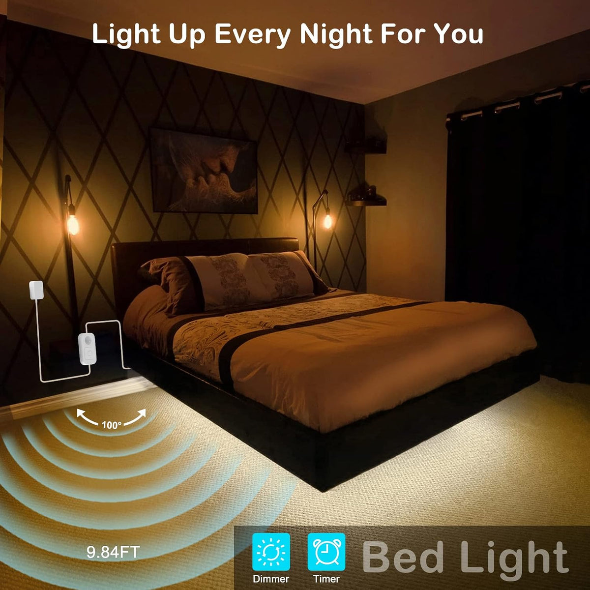 Motion Sensor Under Cabinet Lights - Plug-in LED Strip Lights Indoor with Power Adapter, Dimmer and Timer for Kitchen Cabinet, Counter, Shelf, Showcase, Stairway, Bedroom, Corridor, Washroom