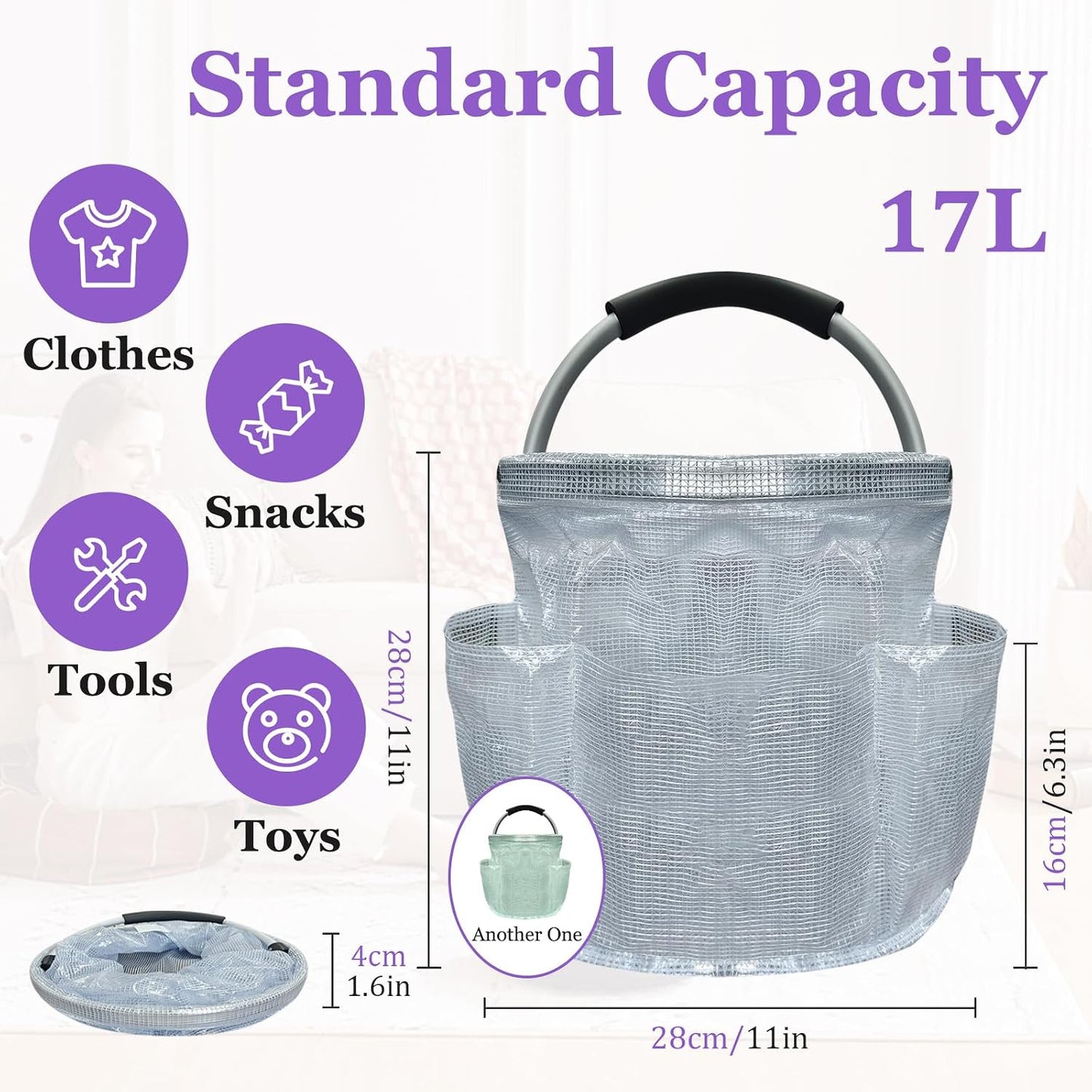17L Cleaning Caddy with Handle and 6 Pockets, Foldable Cleaning Supply Caddy, Portable Shower Caddy in 600D Oxford Fabric, Multifunctional Storage Basket for Camping, Gardening, Black