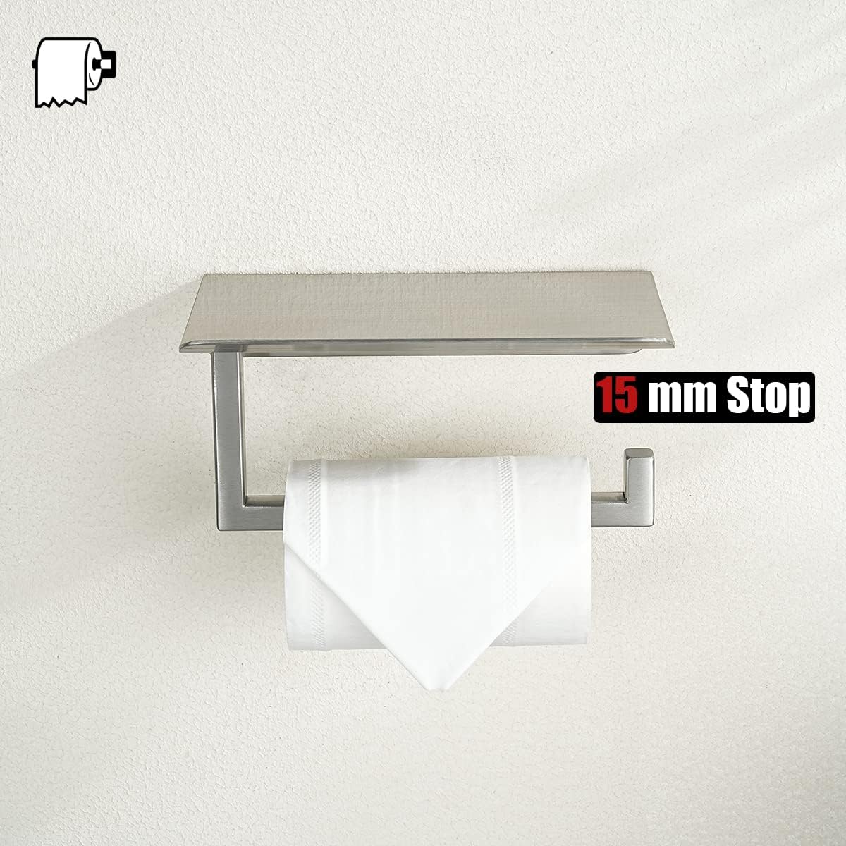 JQK Toilet Paper Holder Shelf, Bathroom Tissue Roll Holder with Phone Shelf, 5 Inch 304 Stainless Steel Tissue Paper Dispenser, Matte Black Wall Mount, TPH202-PB