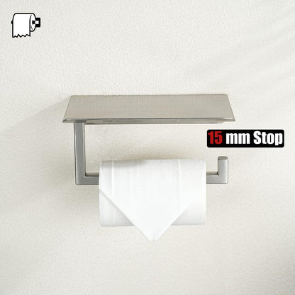 JQK Toilet Paper Holder Shelf, Bathroom Tissue Roll Holder with Phone Shelf, 5 Inch 304 Stainless Steel Tissue Paper Dispenser, Matte Black Wall Mount, TPH202-PB