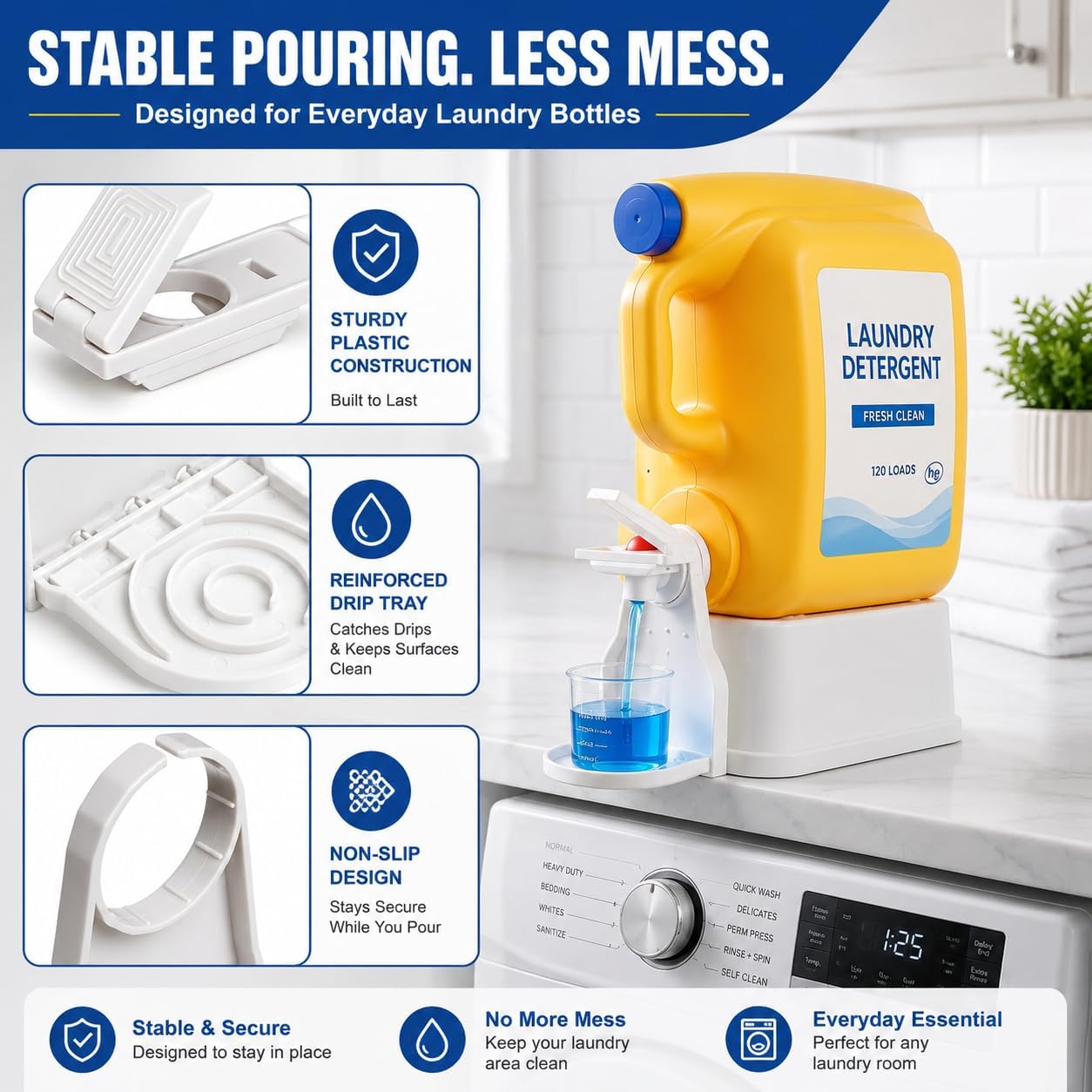 Laundry Detergent Dispenser Cup Holder, No Drip Laundry Detergent Holder with Easy Press Nozzle Switch, Laundry Cup Holder and Drip Tray for Liquid Detergent Dispenser, Laundry Room Organization