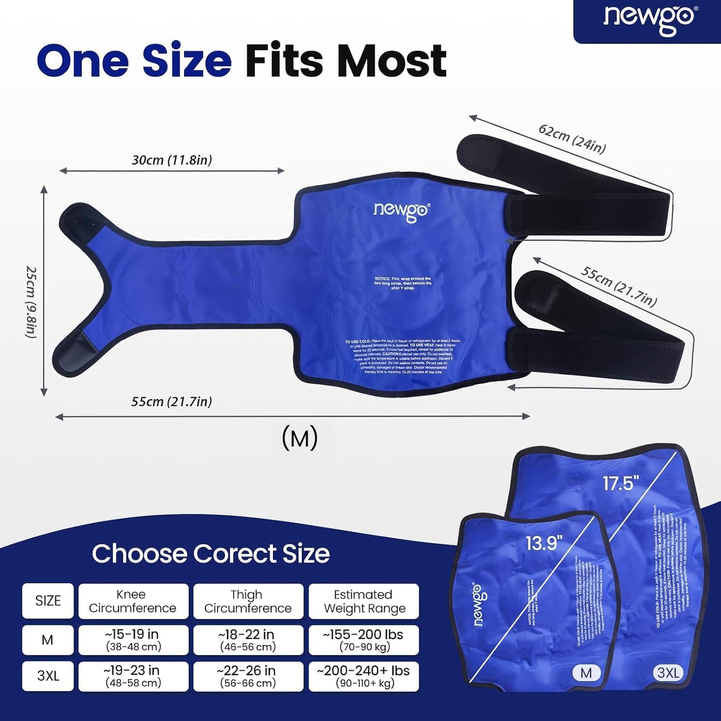 NEWGO Knee Ice Pack Wrap, 360° Full Wrap, Blue | Y-shaped Strap Stays Put, Reusable for Knee Replacement, ACL, Arthritis, Swelling, and Sports Injuries, 21.7" x 9.8"