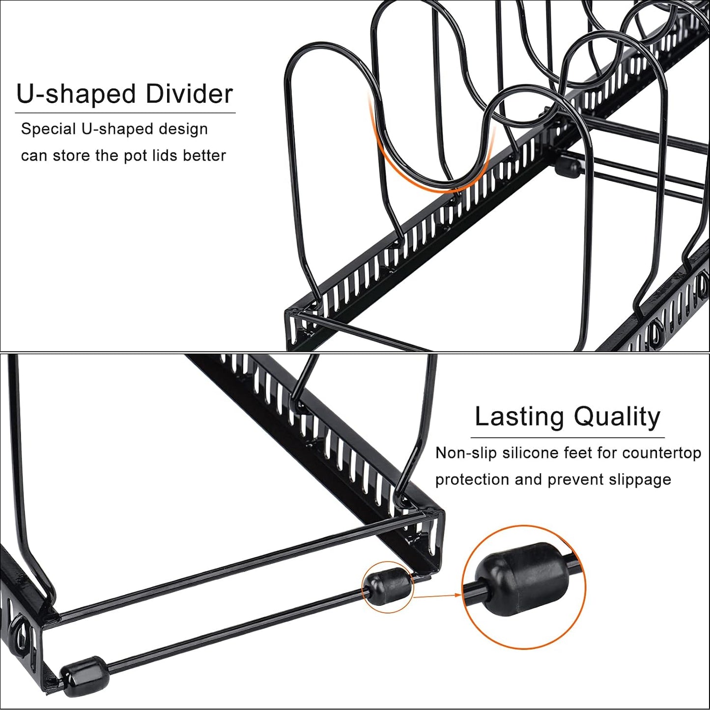 Toplife Pot Lids Organizer Rack for Cabinet and Countertop, 7+ Pan Lids and Bakeware Organizer Rack Holder with 7 Adjustable Compartments - Black