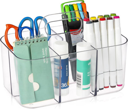 Multiuse Caddy Organizer with Handle, Portable Divided Plastic Tote Bin - Art Craft, Stationary Pen Marker Crayons, Makeup Hair Supplies Storage - Bathroom, Classroom, Dorm, Office, Desk Holder - Grey