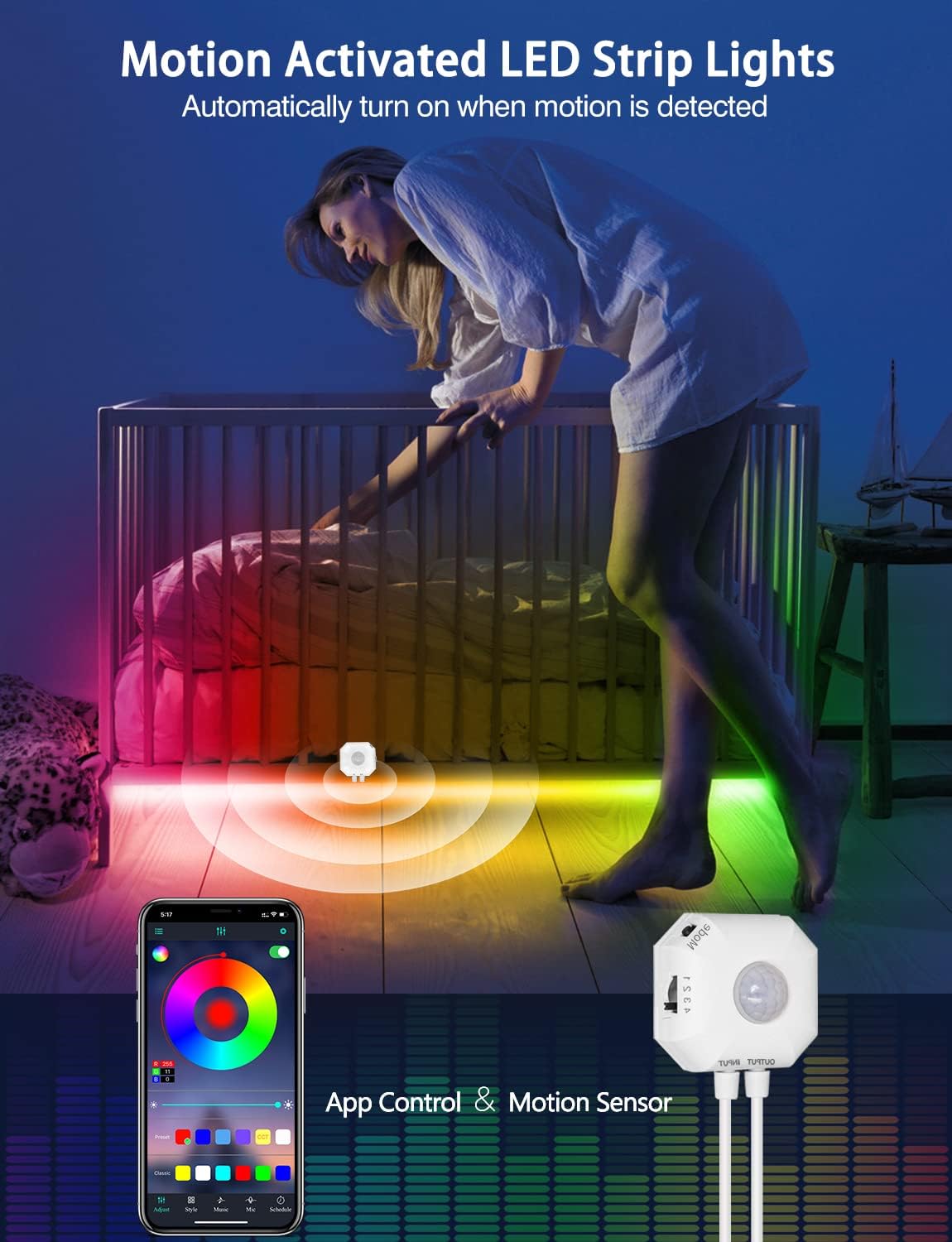 Daymeet Motion Sensor LED Strip Lights, 16.4ft RGB Motion Activated Under Bed Lights with Automatic Shut Off Timer App Control Cabinet Night Light Closet Lights for Hallway, Kitchen,Bedroom