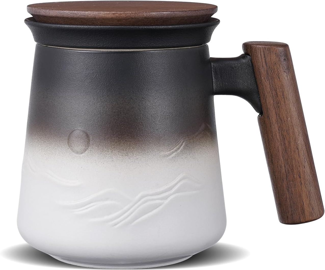ZENS Tea Mug with Infuser and Lid for Loose Leaf Tea Steeper, 16.9oz Moss | Embossed Ceramic Tea Cup with Infuser for Herbal Tea Difussers, Tea Lovers Gifts, Nature Wood Handle
