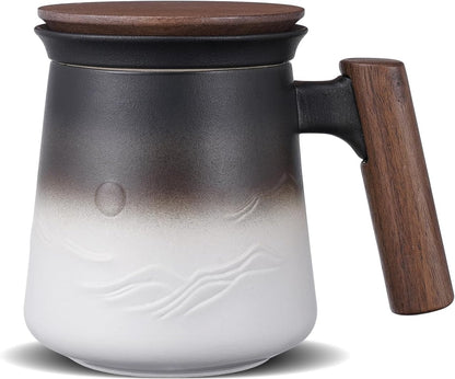 ZENS Tea Mug with Infuser and Lid for Loose Leaf Tea Steeper, 16.9oz Moss | Embossed Ceramic Tea Cup with Infuser for Herbal Tea Difussers, Tea Lovers Gifts, Nature Wood Handle