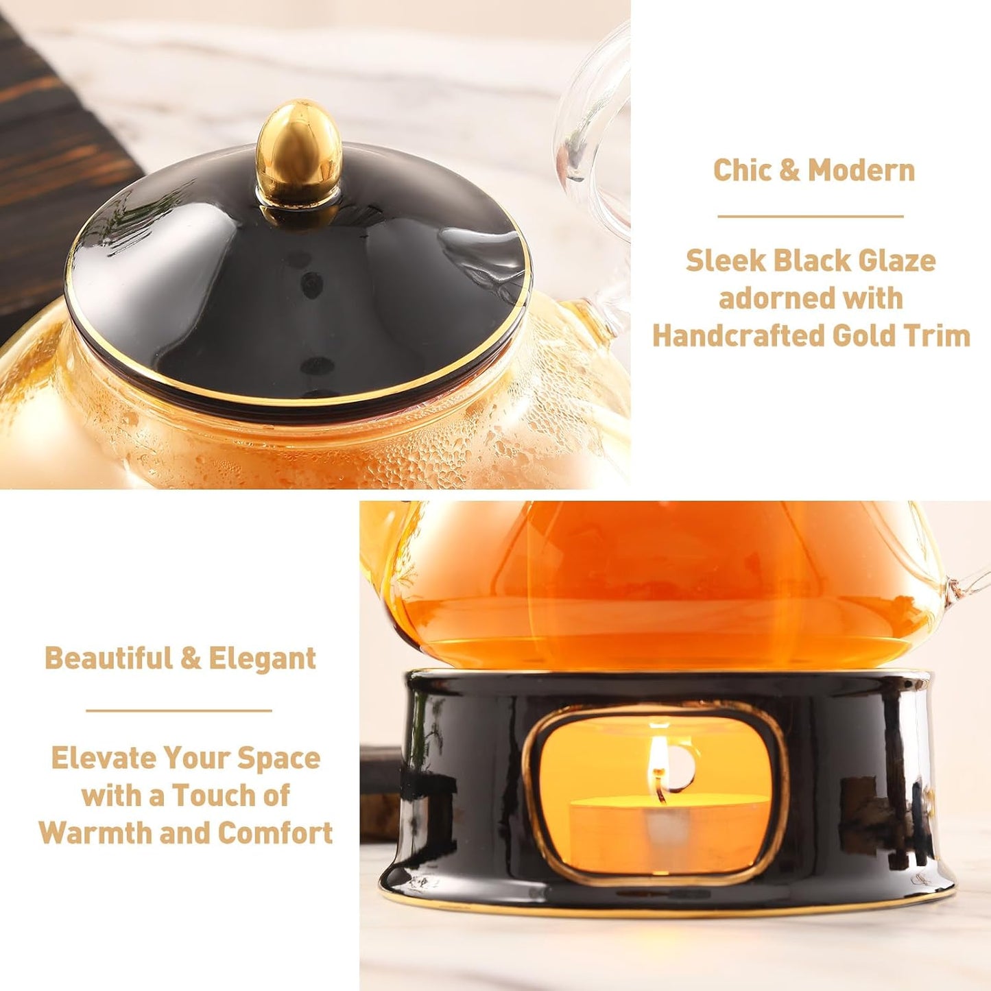 DUJUST Blooming Tea Pot Set, Luxury British Design with Relief Decor & Gold Trims, Hand-Crafted Clear Teapot with Warmer, 40oz Glass Teapot with Infuser, Stove-Safe Tea Party Gift & Home - Black