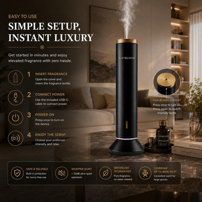 JUSTBLOOM Hotel Essential Oil Diffuser, Waterless Fragrance Diffuser | Up to 4000 Sq Ft: Smart App Control, Cold Air Diffusion, ,360° Ambient Light, Auto Shut-Off, Premium Aluminum Design