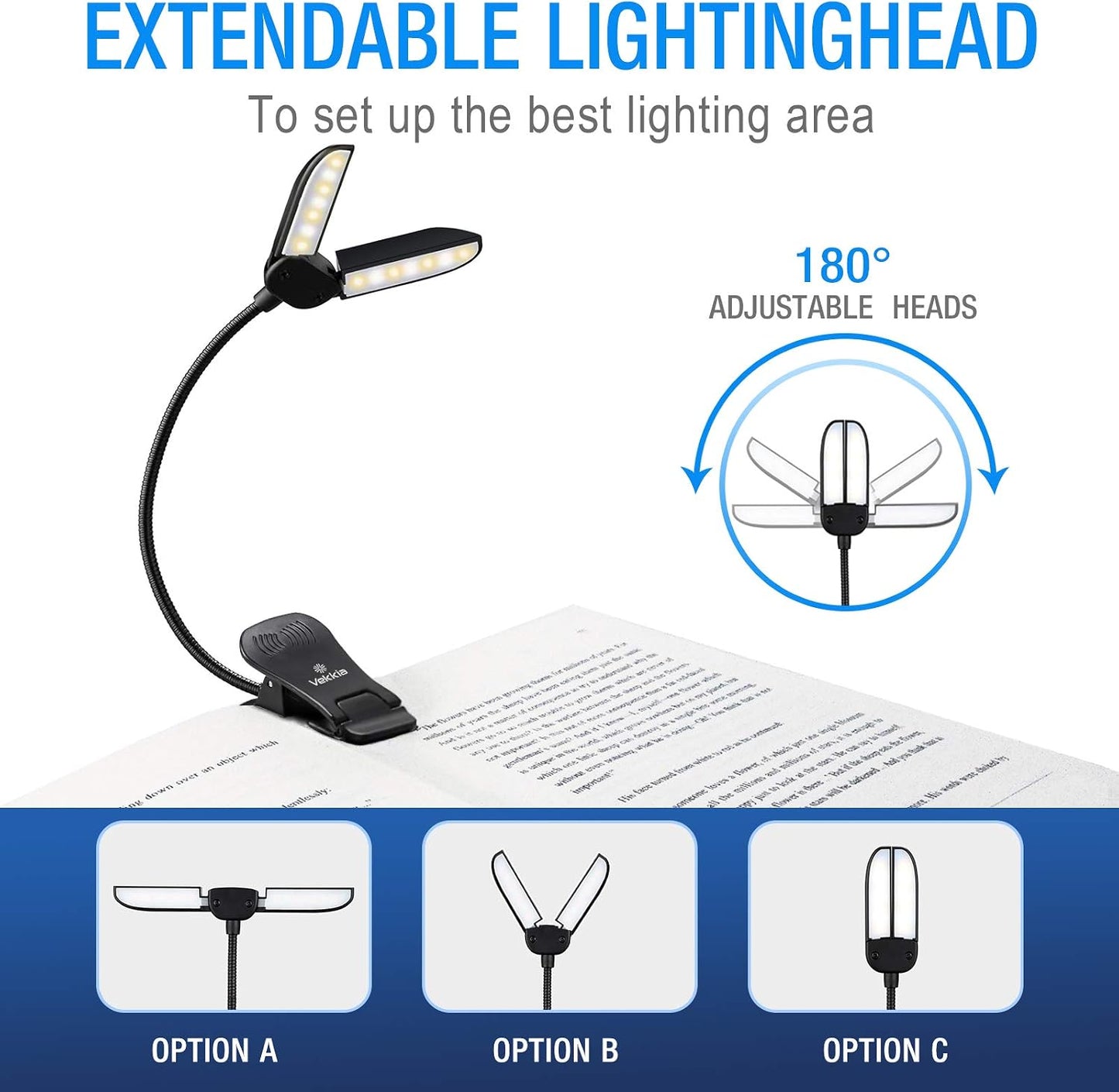 Vekkia 14 LED Rechargeable Book Light for Reading at Night | Eye-Care Reading Light for Books in Bed/180° Adjustable, Clip on Lamp/3 Color Temperatures, Lightweight