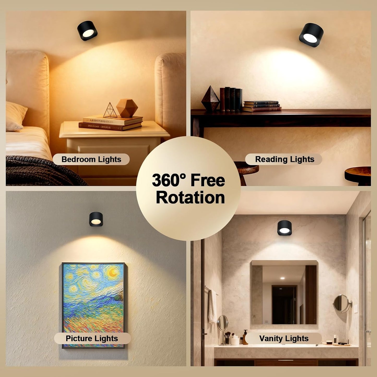 LED Wall Mounted Lights, Rechargeable Battery Operated Wall Sconces Lamp 3 Colors Temps & Remote and Touch, 360°Rotation Dimmable Wall Lights for Study Bedroom Reading Bedside (4-Pack)