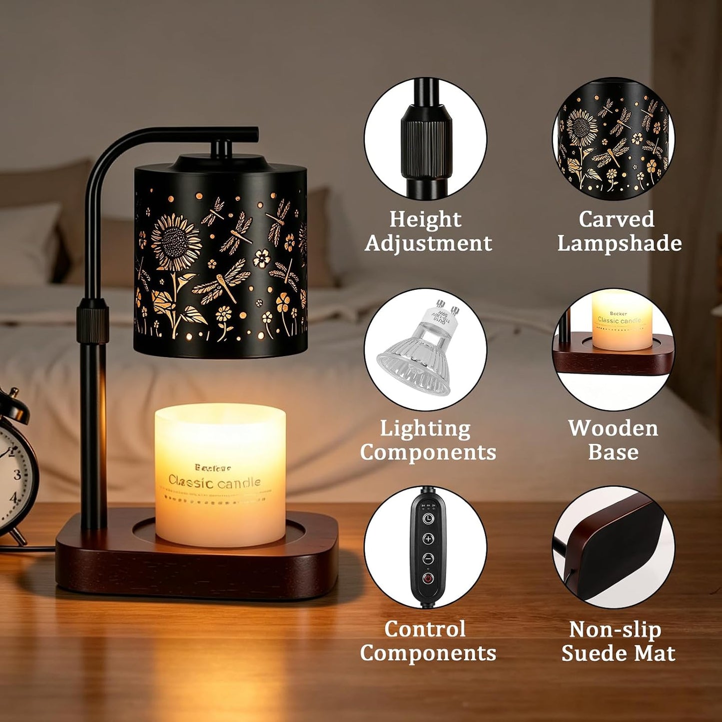 WIHTU Candle Warmer Lamp with Timer & Dimmer Dragonfly for Jar Candles | Metal Electric Wax Melt Warmer, Height Adjustable, Birthday Gift for Women Mom Her, Housewarming Home Decor, Include 2 Bulbs