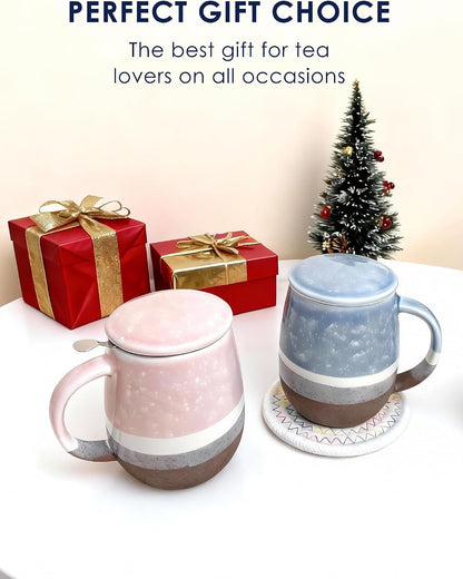SISETOP 13.5 OZ Large Tea Cup with Infuser and Lid, Reactive Glaze Tea Infuser Mug, Ceramic Loose Leaf Teacup for Brewing, Microwave & Dishwasher Safe, Pale Blue